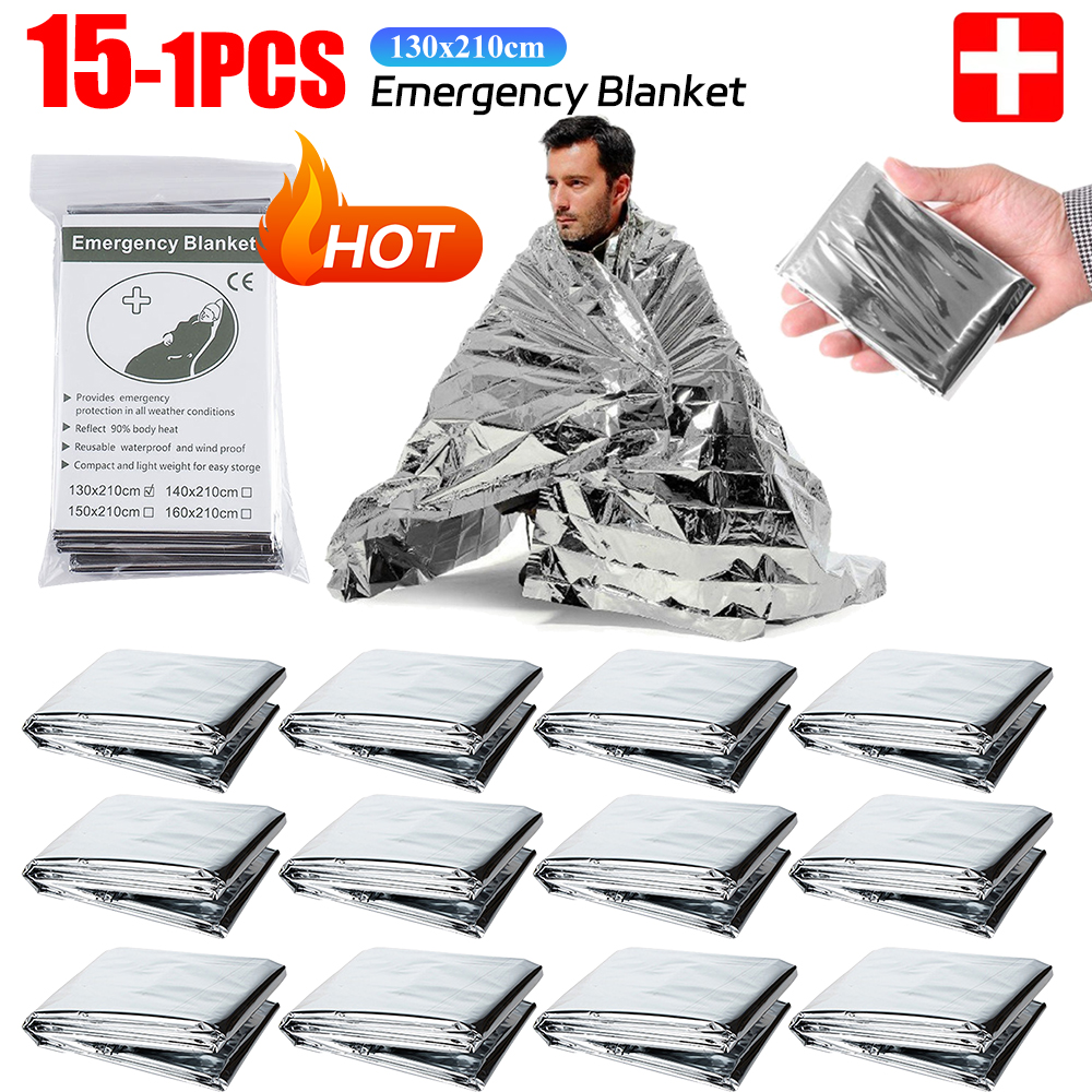 15-1Pcs Notfall Thermische Poncho Decke PET Folie Outdoor Survival Erste Hilfe Kit Rettungs Decke Falten Winddicht Camping Abdeckung