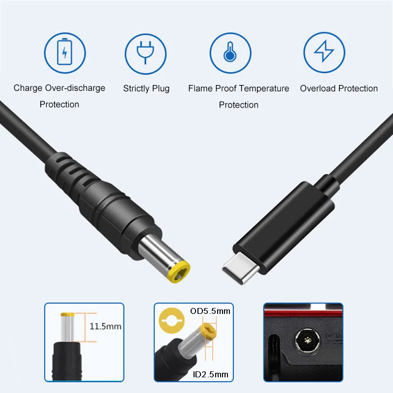 Cabo de carregamento rápido PD65W 3A 1.5m Tipo C para DC5525 20V Adaptador para Dell Asus Notebook TS100 TS101 Pine64 Ferro de solda