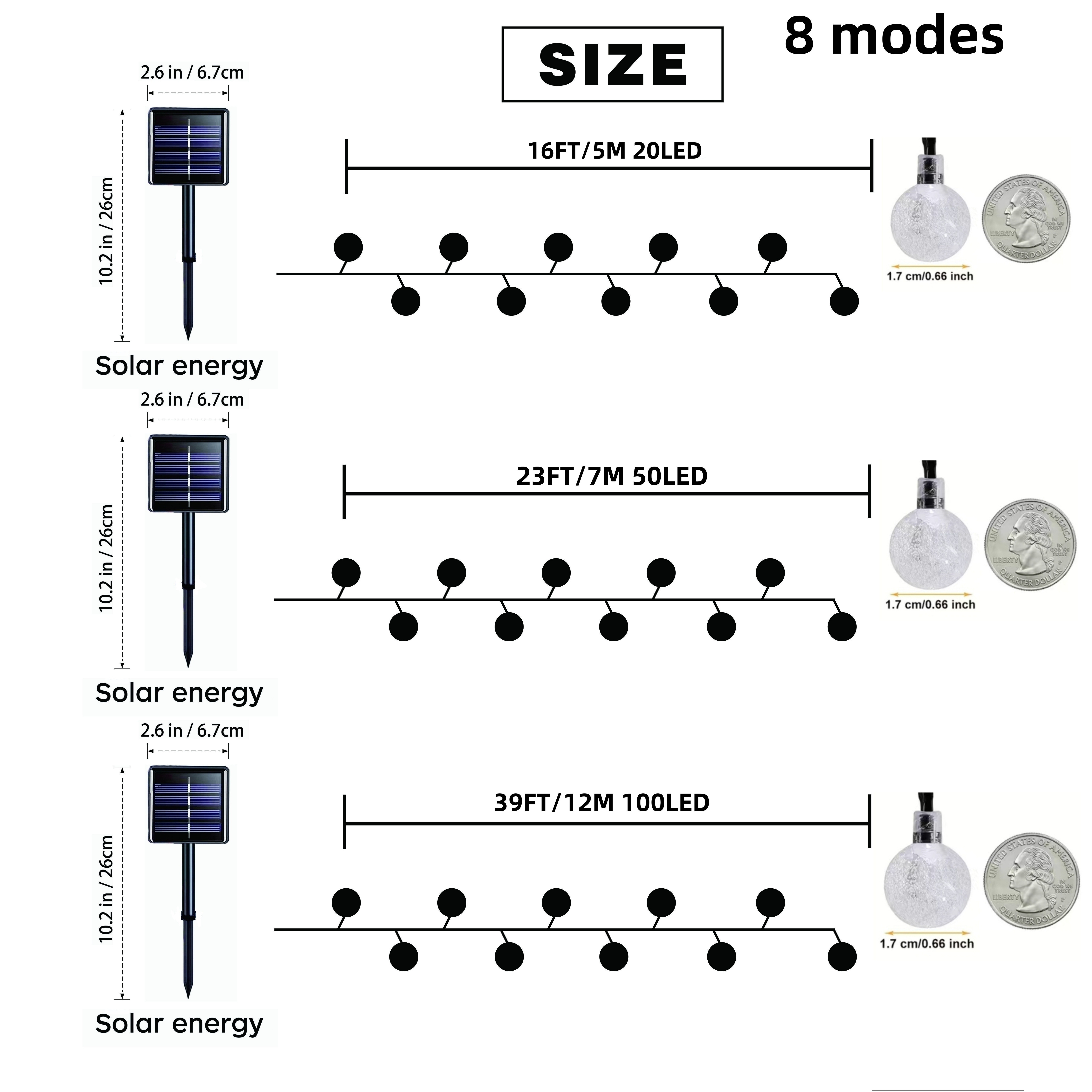 1 paquete de 64 pies IP65 globo de cristal luces de cadena solares 100 LED 8 modos de iluminación luces solares al aire libre para fiesta de Navidad de Halloween