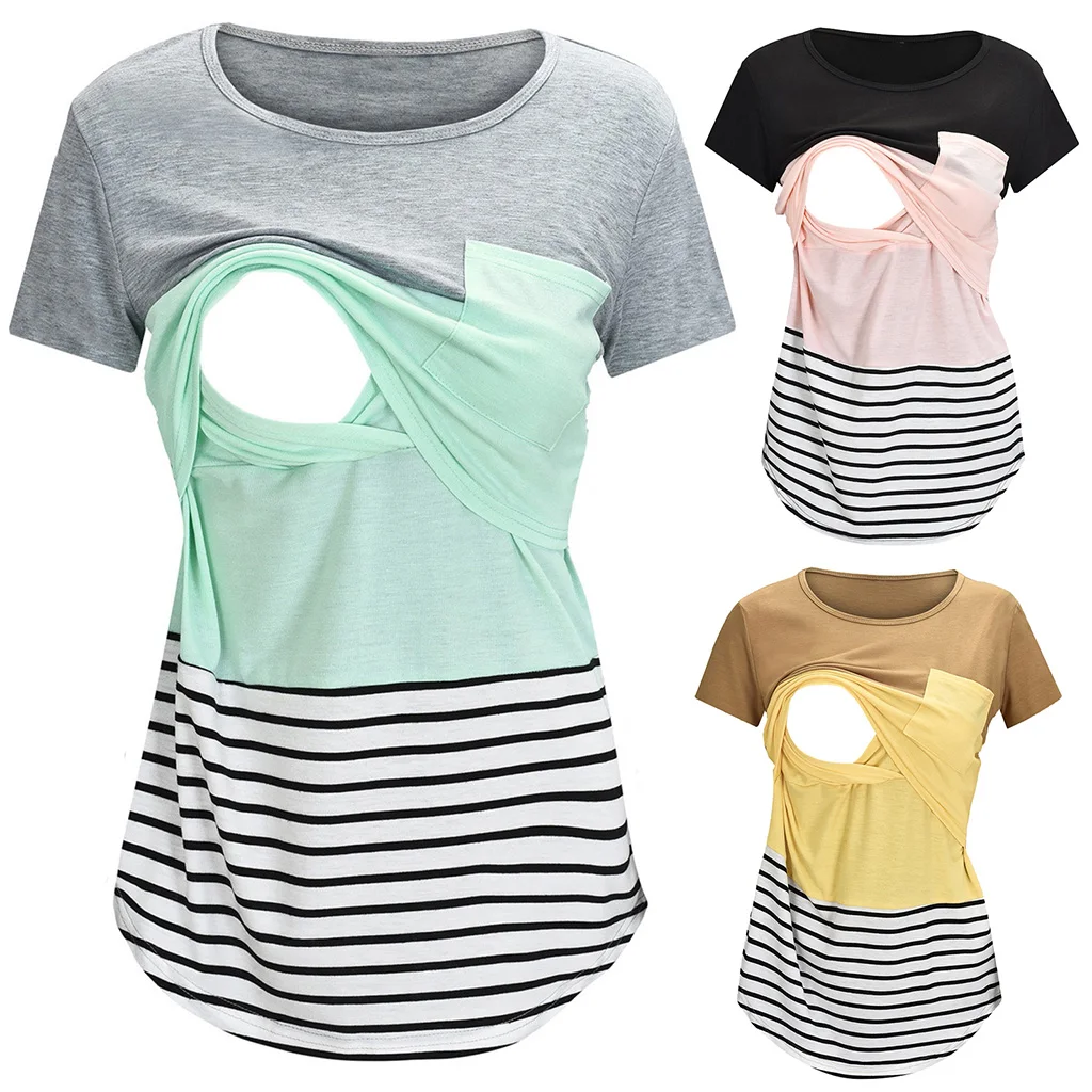 Nueva ropa de maternidad, Tops informales, camiseta de lactancia con estampado a rayas, blusa de maternidad de manga corta para mujer