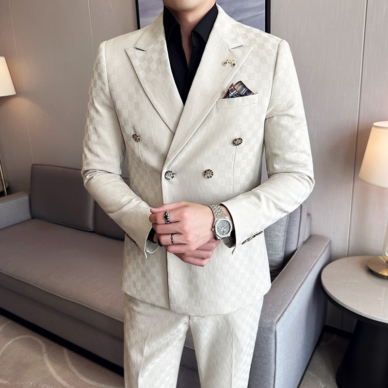 (Jas + Broek) Luxe Geruit Double Breasted Pak 2-delig Mode Zakelijk Slim Fit Sociaal Formeel Pak Avondjurk 5XL-M