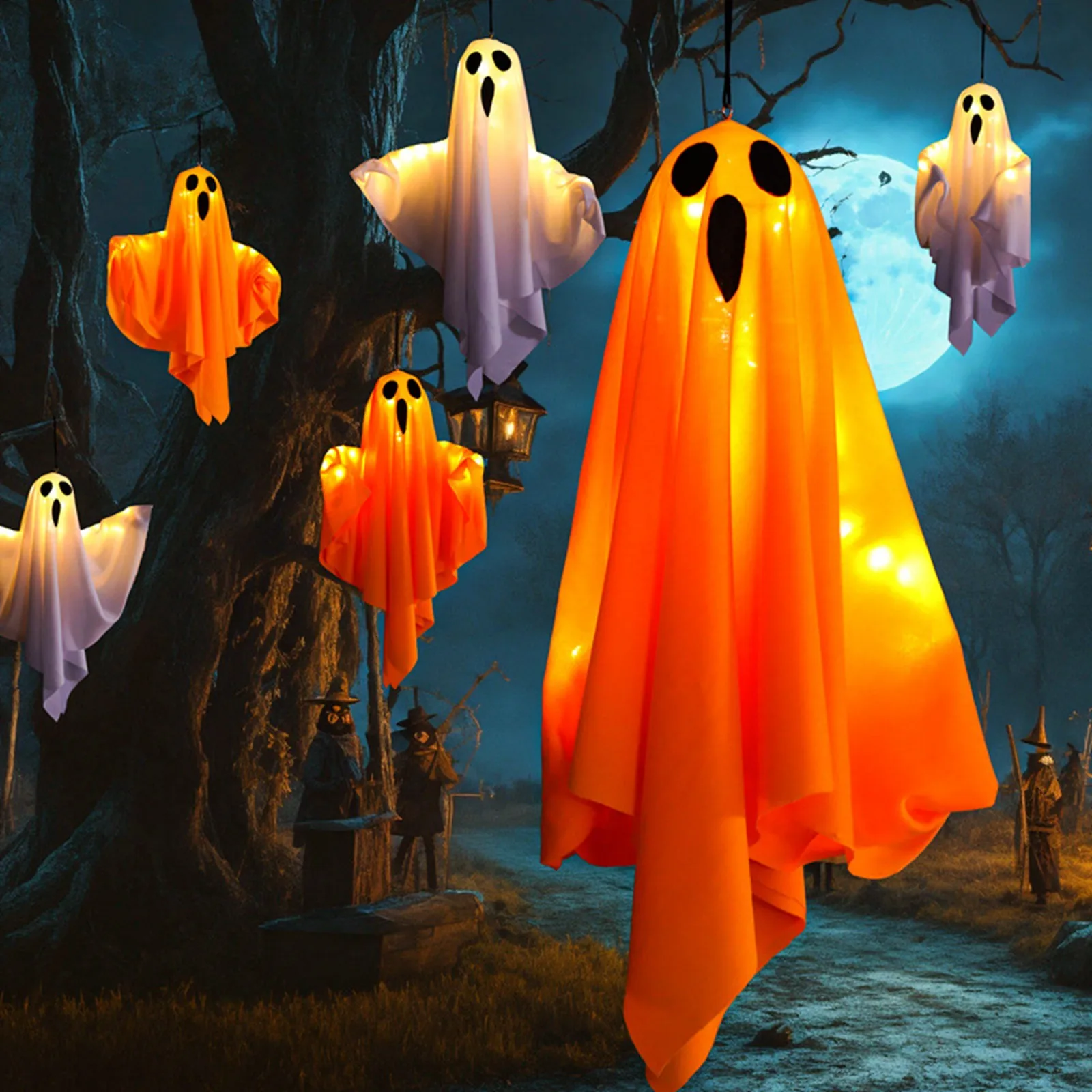 Fantasmi di Halloween Decorazioni da appendere Halloween Appeso illuminano Fantasmi volanti bianchi Albero Finestra Parete Ornamento spaventoso 50X40 cm