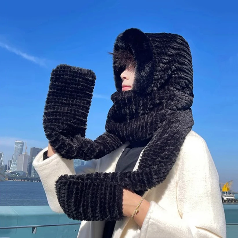Fashion Comfort Plush Faux Fur Hat Scarf Glove All In One Big Free Women Male Winter Thick Warm Cap Neckerchief Skiing Travel