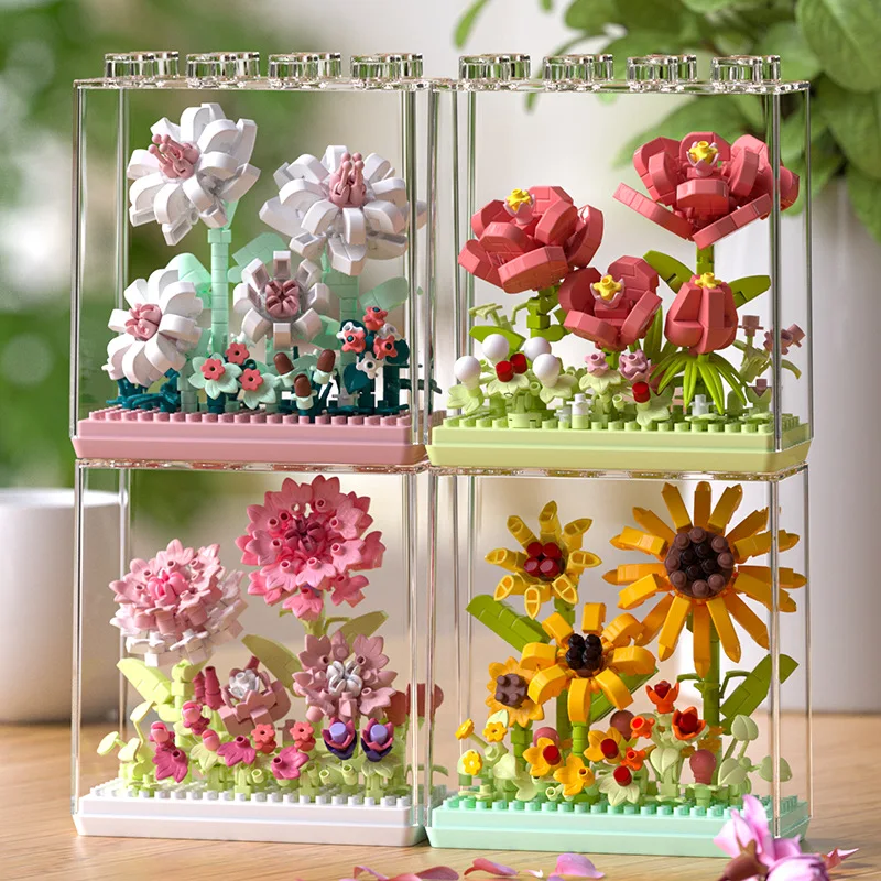 Blocos de construção criativos caixa de flores dos sonhos série de flores eternas ornamentos de mesa meninas buquê presentes brinquedos montados