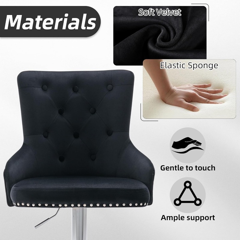 Velvet Bar Stool Set of 4 Lion Pull Ring Swivel Chair for Kitchen Counter Nailhead Upholstered, Height Adjustable Barstools