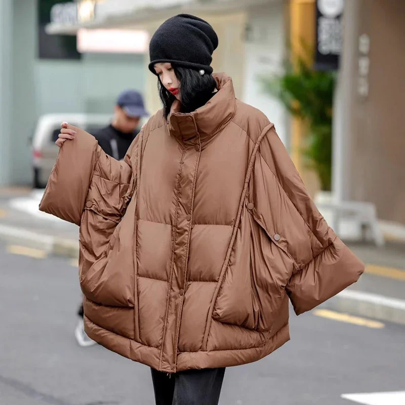 Hiver solide col montant doudoune ample femmes duvet de canard blanc grande poche doudoune femme Chic chaud fermeture éclair Parker vêtements d'extérieur