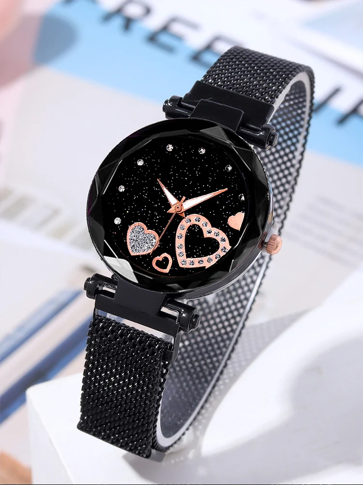 5 uds moda mujer cielo estrellado amor malla de hierro absorbente con reloj de cuarzo + conjunto combinado de pulsera