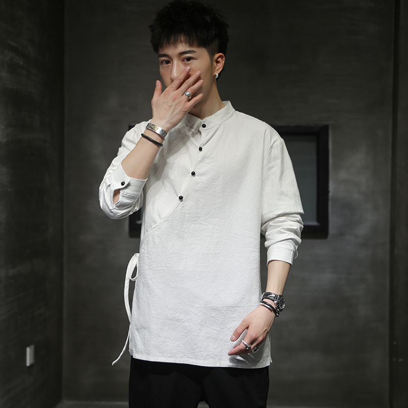 남성 중국 스타일 대마 셔츠 코튼 린넨 당나라 Hanfu 레트로 스탠드 칼라 선 의류 하라주쿠 탑 의류 남성 의류