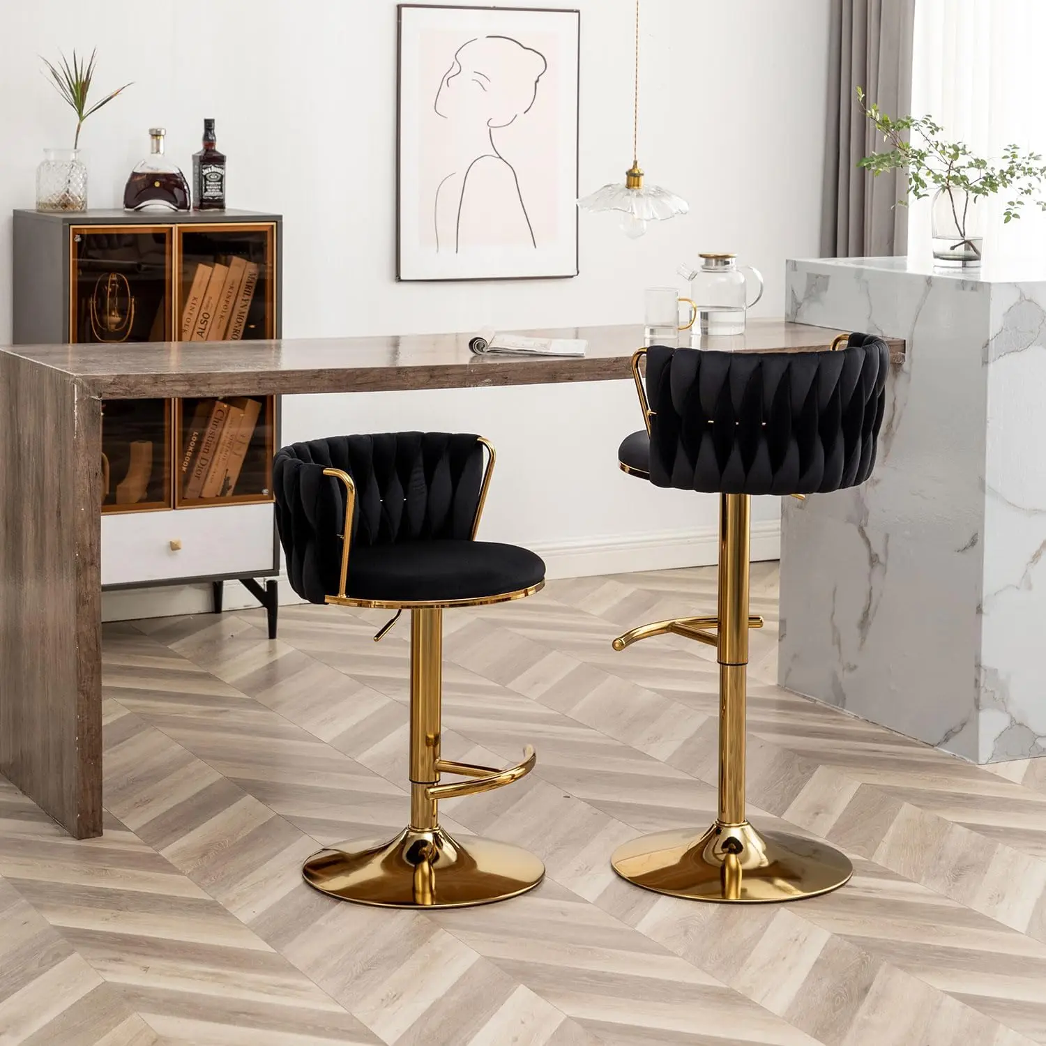 Velvet Bar Stools Set of 2, Counter Height Bar Stools with Low Back, Gold Swivel Bar Stools for Kitchen Island, Bar Pub (Black)