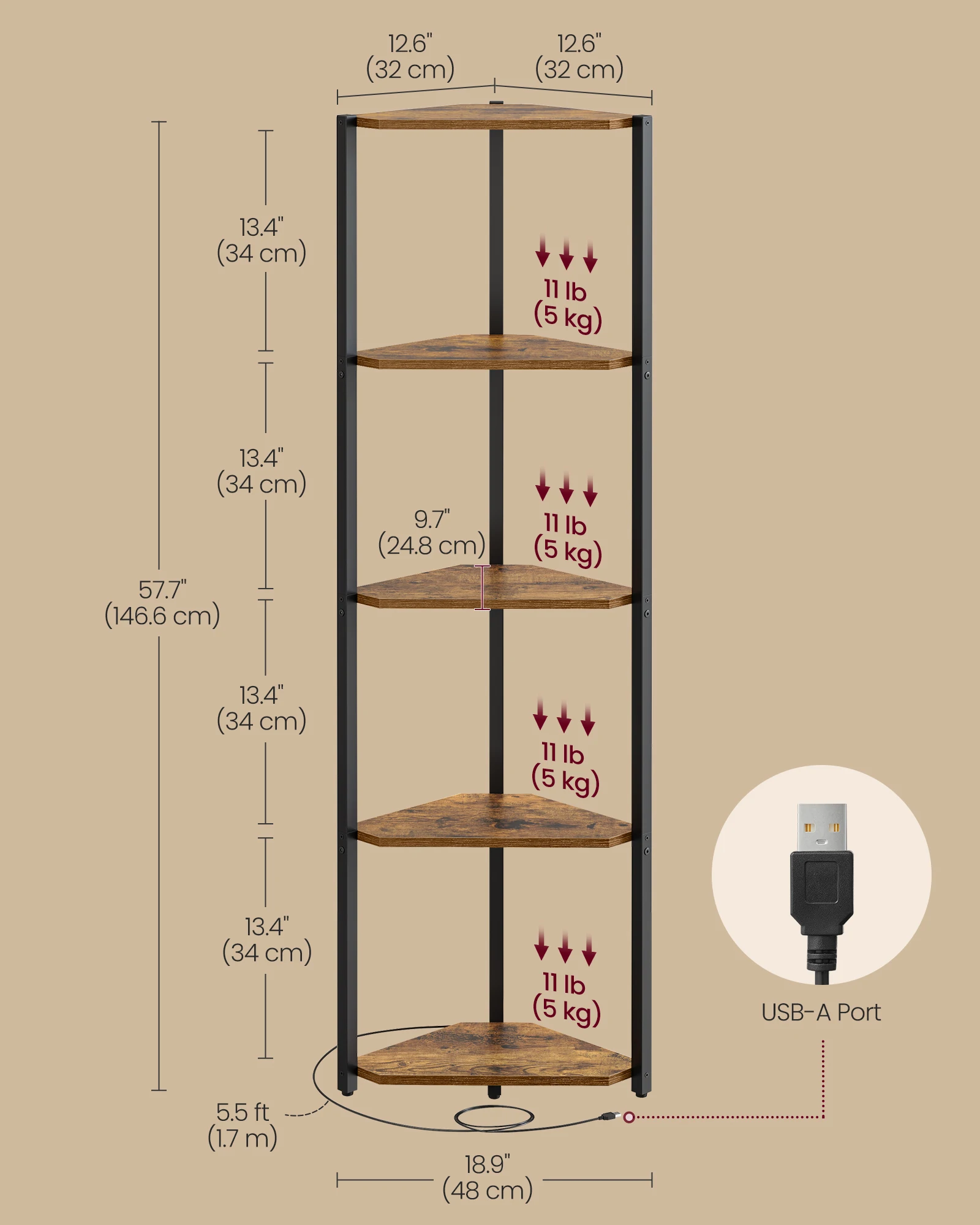 VASAGLE 5-Tier Corner Shelf, Bookcase with Adjustable LED Lights, Storage Shelf with Steel Frame