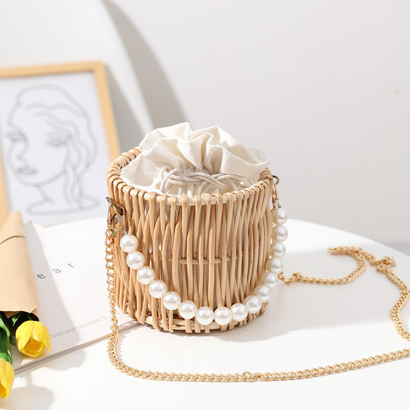 Bolso de paja tejido a mano para mujer, bolsa de cubo Manual con perlas de un hombro, 2024