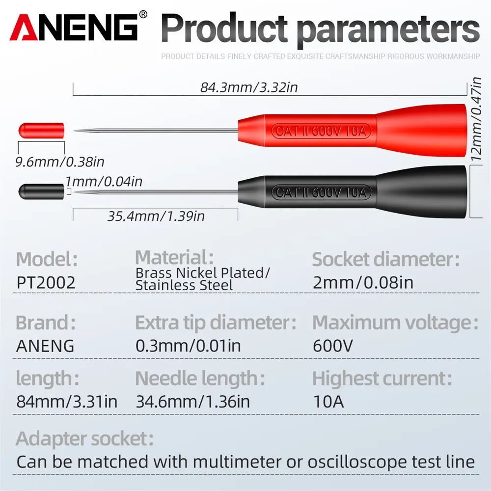 Aneng pt2002 Isolierung Piercing Nadel 1mm Stift zerstörung freie Multimeter Prüf sonde 10a 600v für 2mm Prüf leitung