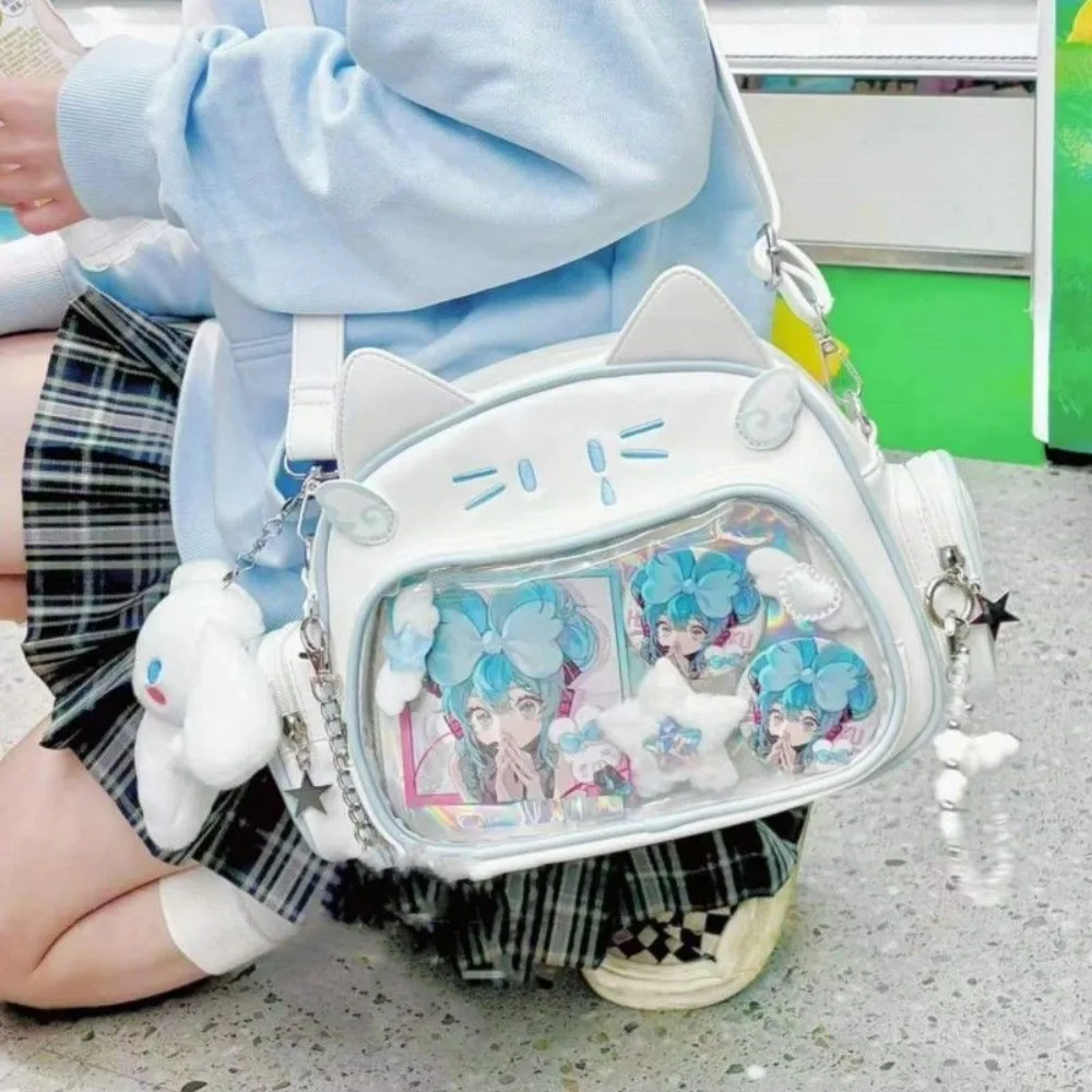 Y2K Borsa coreana Kawaii Cat Lolita Borsa a tracolla in PU carina Ragazze Tasca trasparente Borsa a tracolla Harajuku Zaini moda donna