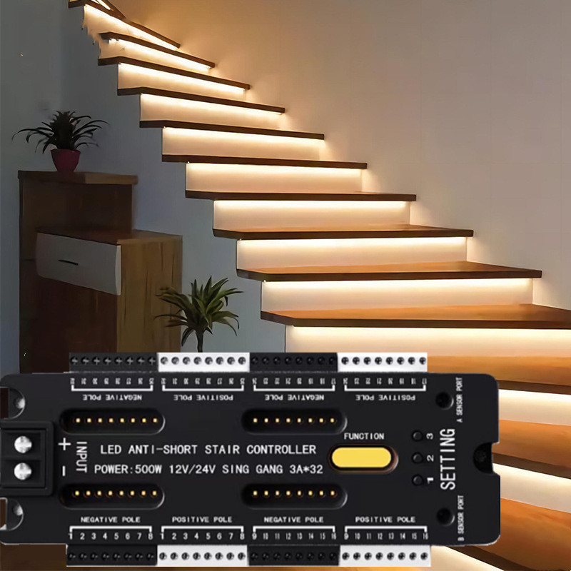 บันได LED Motion Sensor Light Strip 32 ช่อง Dimming ในร่มแสงกลางคืน 12 V/24 V เทป LED แบบยืดหยุ่นขั้นตอนบันได Controller
