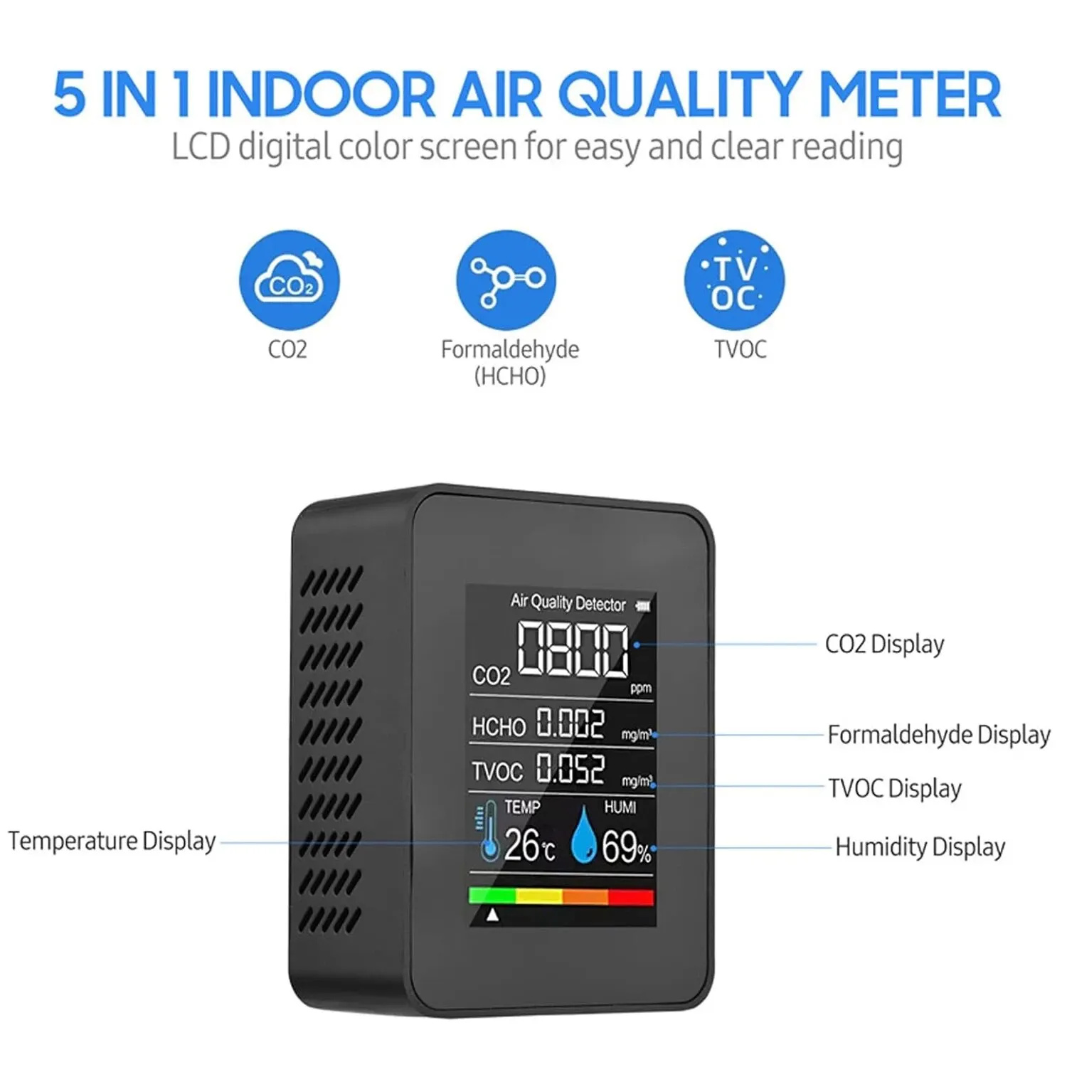 Medidor de CO2 multifuncional 5 en 1, probador Digital de temperatura y humedad, Detector de dióxido de carbono TVOC HCHO, Monitor de calidad del aire