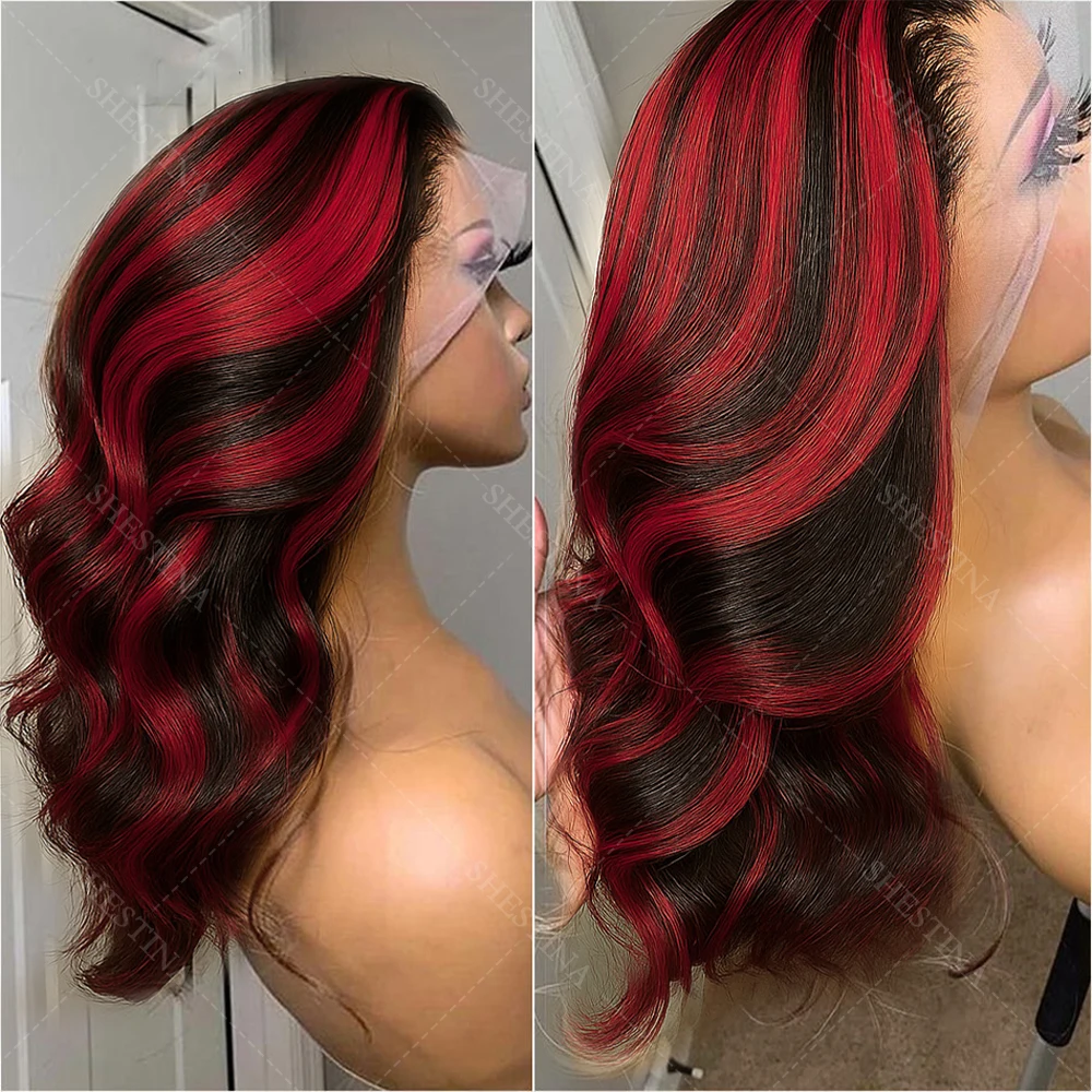 1b/99j omber preto com destaque vermelho 5x5 fechamento frontal do laço perucas de onda do corpo cabelo humano brasileiro 99j perucas sem cola prontas para usar