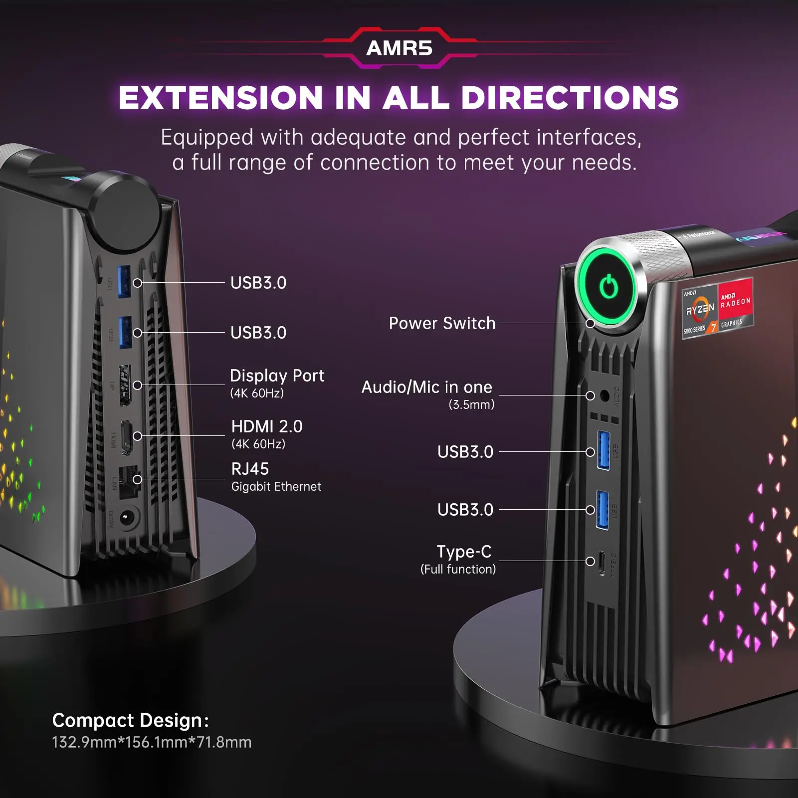 ACEMAGIC S3A Mini-PC Gaming AMD Ryzen 7 5700U RAM 16/32 GB DDR4 512 GB/1 TB SSD Gamer-Computer RGB-Lichtsteuerung WiFi6 BT5.2