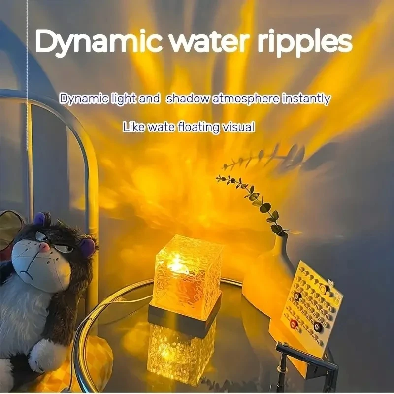 Projetor de ondulação de água rotativo dinâmico, luz noturna, 3/16 cores, lâmpada de cristal de chama para sala de estar, estudo, quarto, luz rotativa