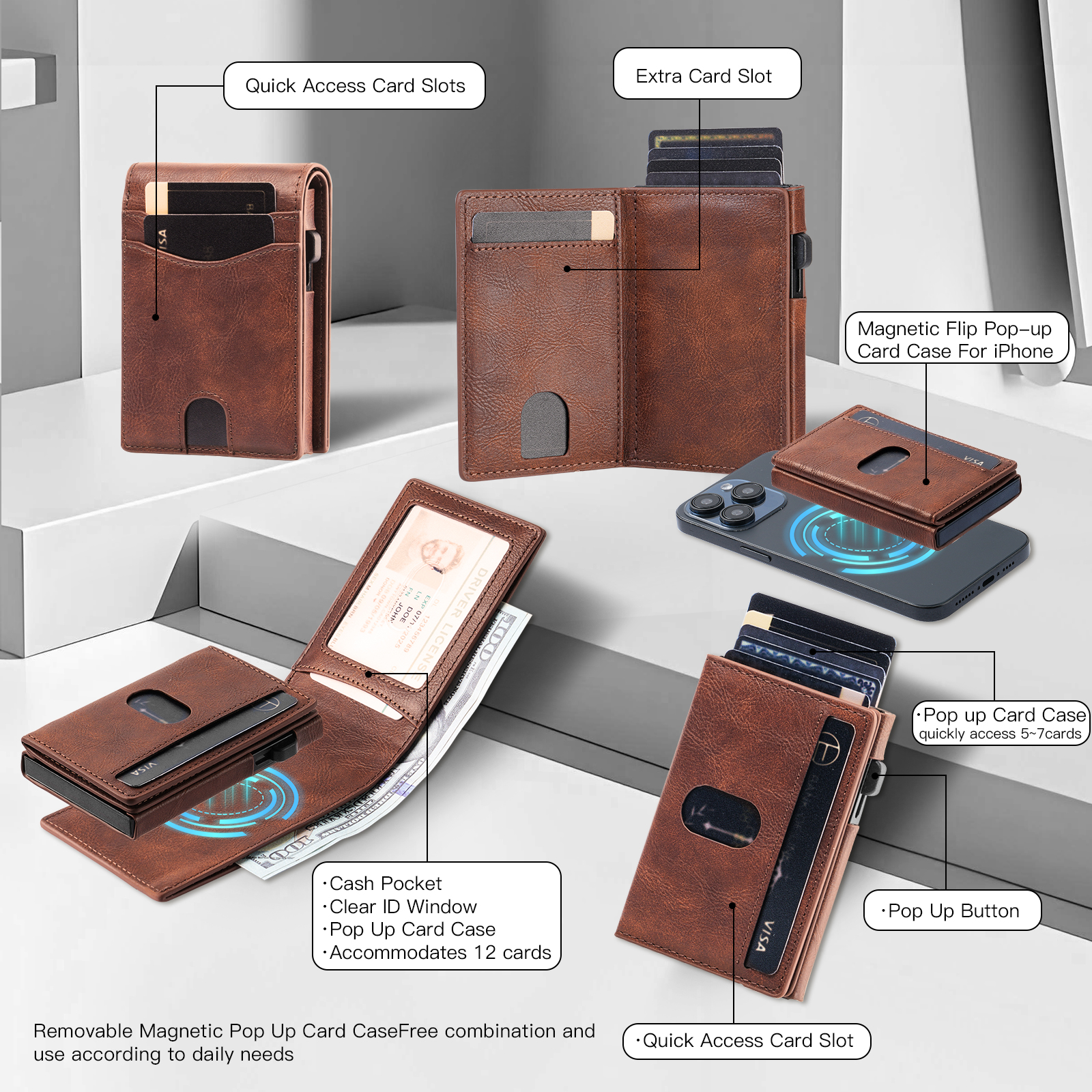 Cartera de cuero genuino con bloqueo Rfid, monedero corto plegable para hombre con tarjetero emergente de aluminio Magsafe magnético, funda de identificación