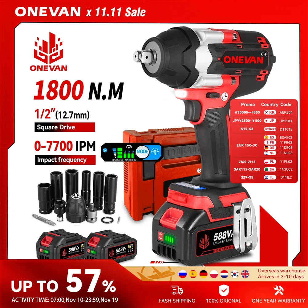 ONEVAN 1800N.M Бесщеточный электрический ударный гайковерт с крутящим моментом 1/2 дюйма, отвертка, электроинструменты с аккумулятором для батареи Makita 18 В