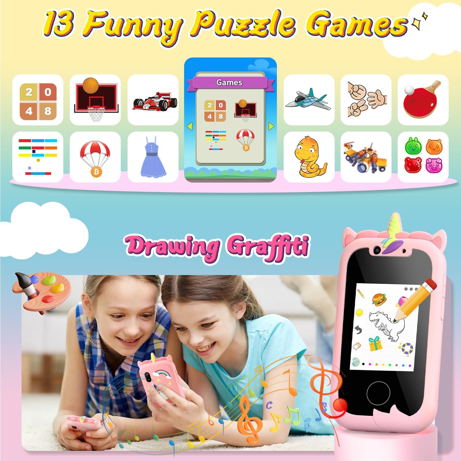 Crianças telefone brinquedos educativos brinquedo musical unicórnio bebê móvel câmera selfie com capa de silicone brinquedos para bebês presentes de aniversário