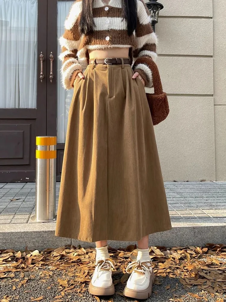 Vintage Corduroy met Riem Midi Rokken Vrouwen Y2K Herfst Winter Hoge Taille Plooirok Dames Streetwear Alle Match Een Lijn Rok