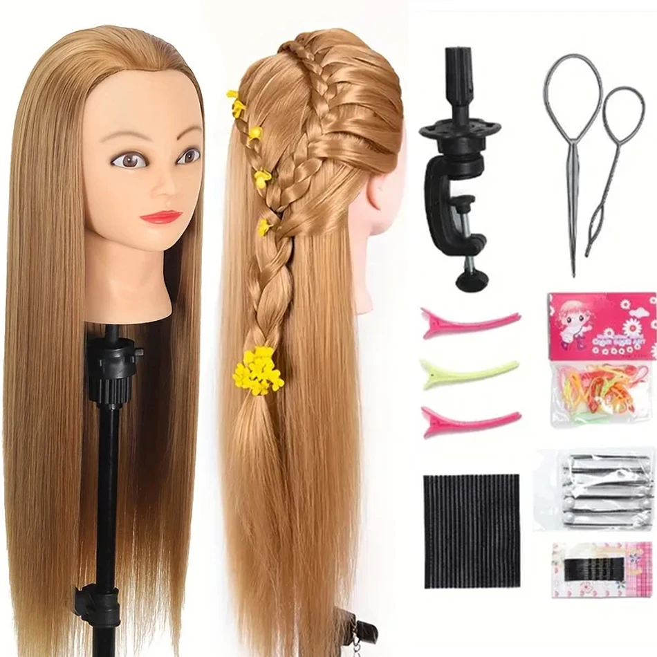 Cabeça de manequim cabelo fibra sintética longa com braçadeira livre, treinamento cabeleireiro, cabeça de boneca cosmetologia manequim, trança DIY