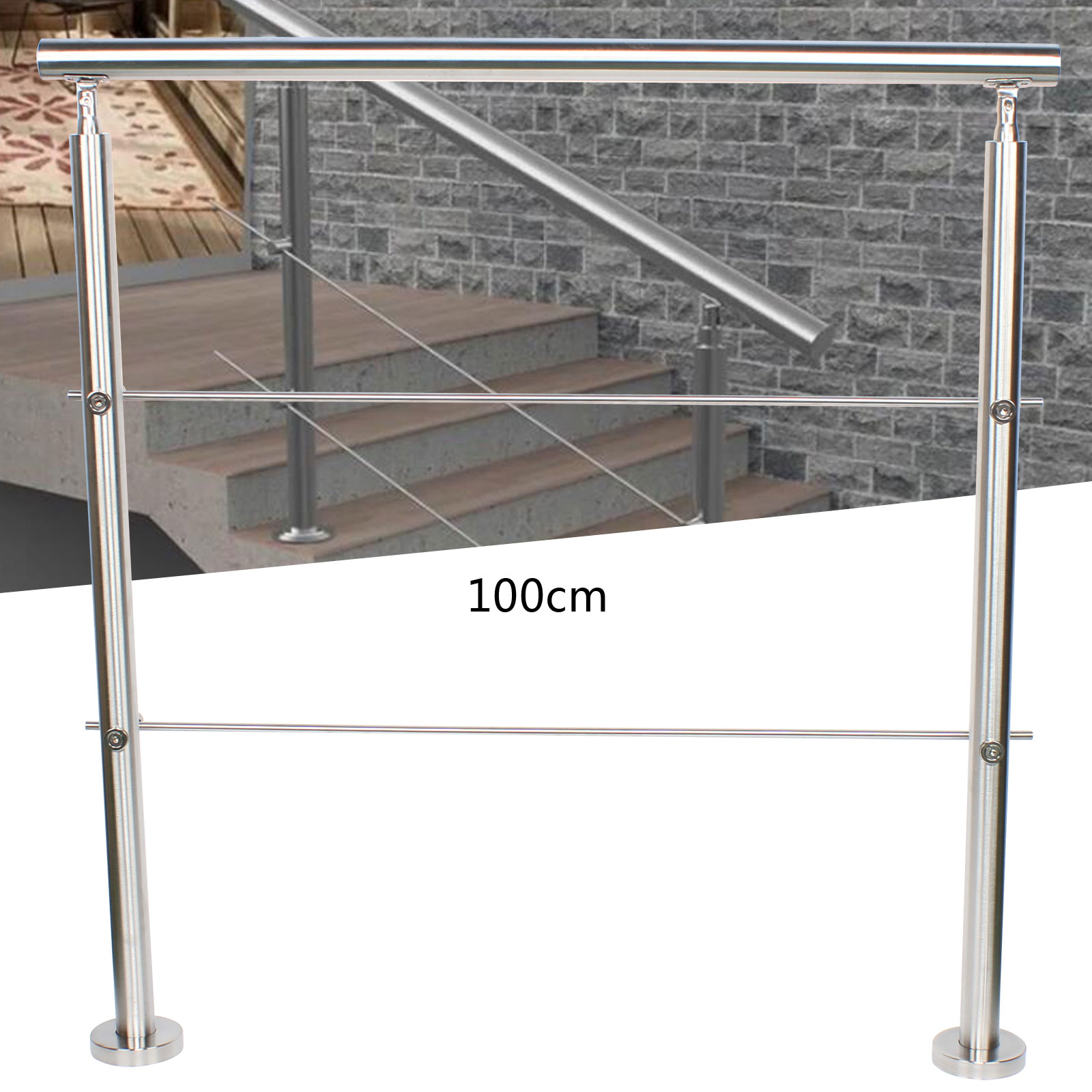 100cm Handrail with 2 Horizontal Bars, Includes 6 Expansion Screws (M8*80) and 8 Self-Tapping Screws (M5) for Easy Installation