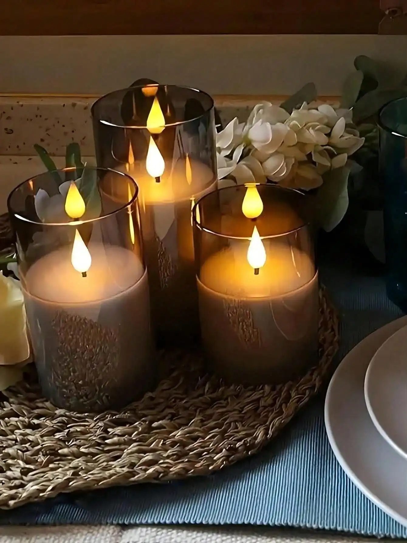 3D Flameless LED Candle Light Glass Jar Gray Amber Set 3 Candles Real Paraffin Wax LED Candles With Remote Control 2AA Battery