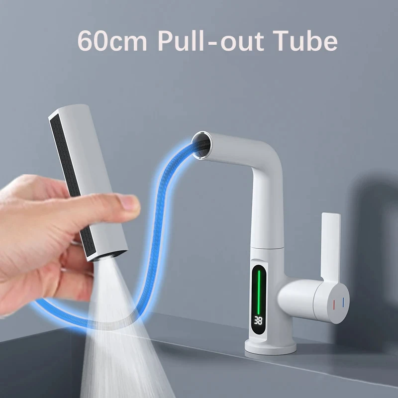 Robinet de cuisine extractible en cascade à affichage numérique Intelligent, robinets mélangeurs froids et chauds, robinet de lavabo de levage d'évier rotatif