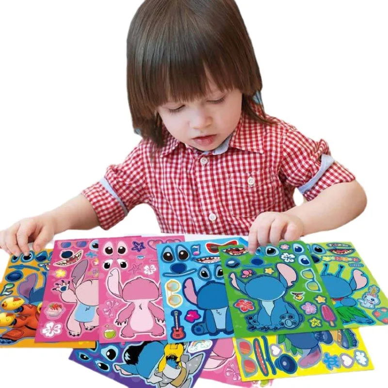 8/16/24Sheets Kawaii Disney Stitch Make A Face Stickers Puzzle Cartoon Decal DIY Make Your Own Assemble Jigsaw Sticker