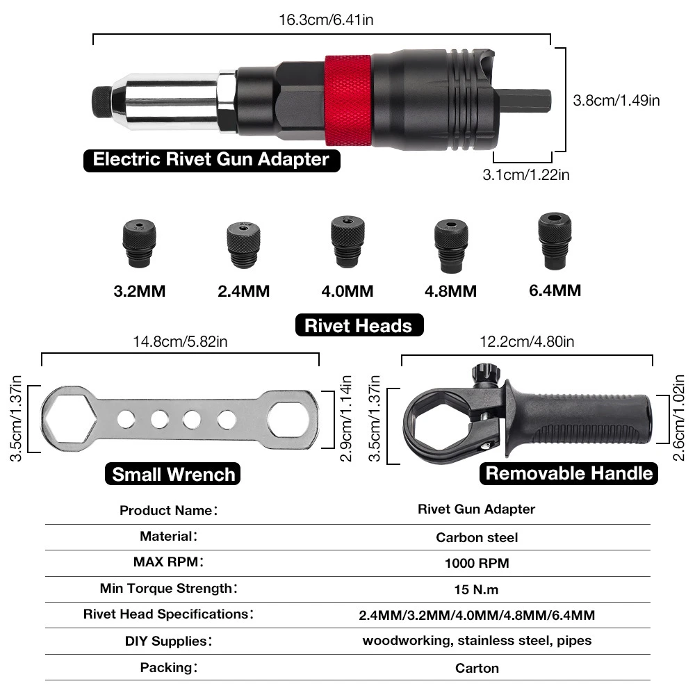 Home Cordless Riveting Machine Kit 2.4MM/3.2MM/4.0MM/4.8MM/6.4MM Electric Rivet Nut Tool Adapter Insert Nut Rivet Gun Adapter