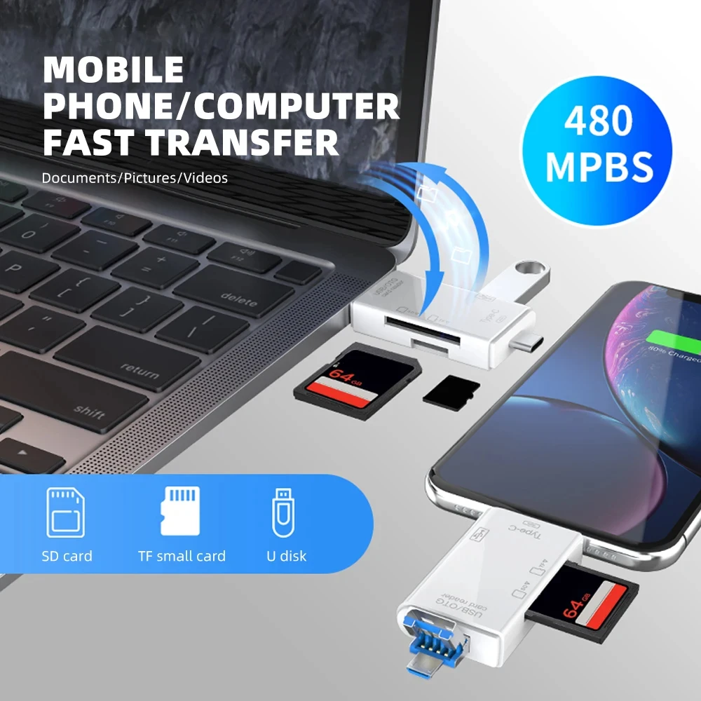 NNBILI OTG SD TF Tipo C Lettore di schede Micro SD Adattatore da tipo C a USB otg 6 in1 USB 2.0 Scheda TF Chiavetta USB Lettore di schede di tipo C