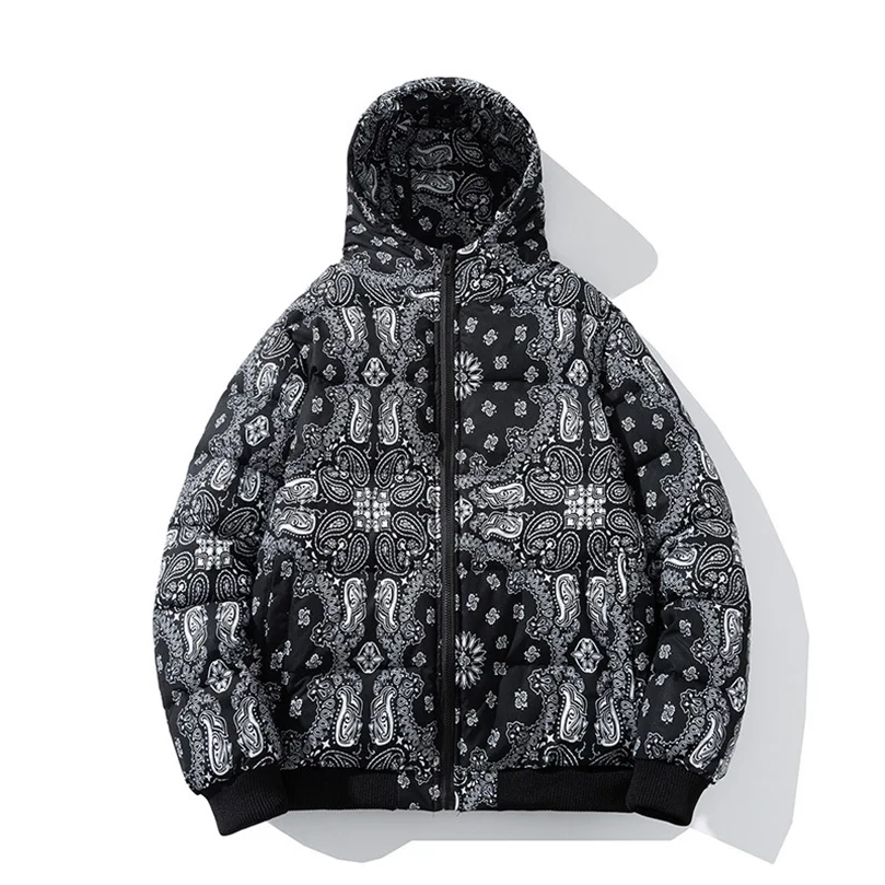 Winterjacke Herren Bandana Print Patchwork Baumwolle Gefütterter Mantel Dicke Warme Kapuze Varsity College University Oberbekleidung Neu 2024 Z1