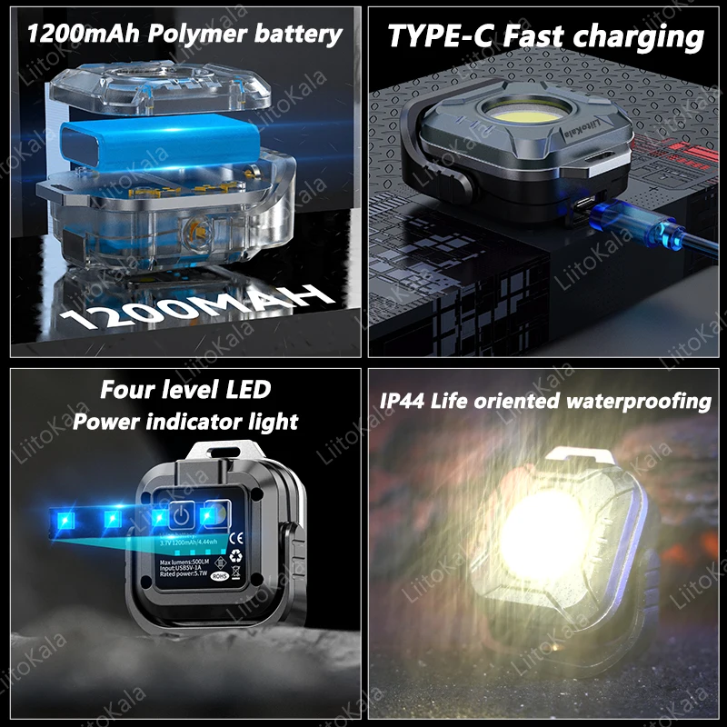 LiitoKala LF-986 Мини-рабочий фонарь LED + COB 500LM Интерфейс зарядки типа C Вход 5V1A Встроенный аккумулятор 1200 мАч Фонарик