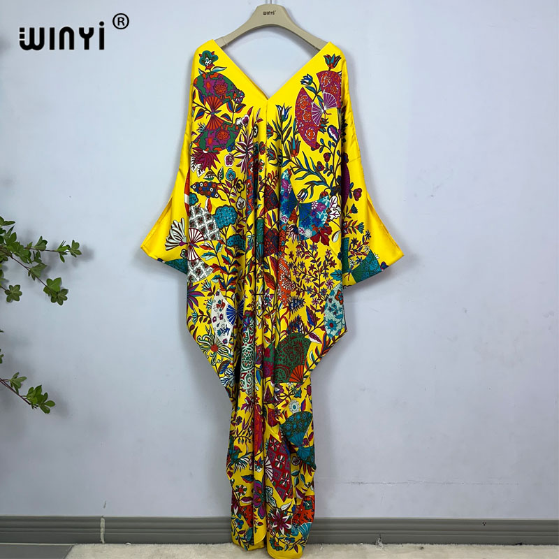 Winyi vestido comprimento: 130cm moda turquia vestidos bohemia impressão abaya feminino maxi kaftan verão cor vestido de noite africano mulher