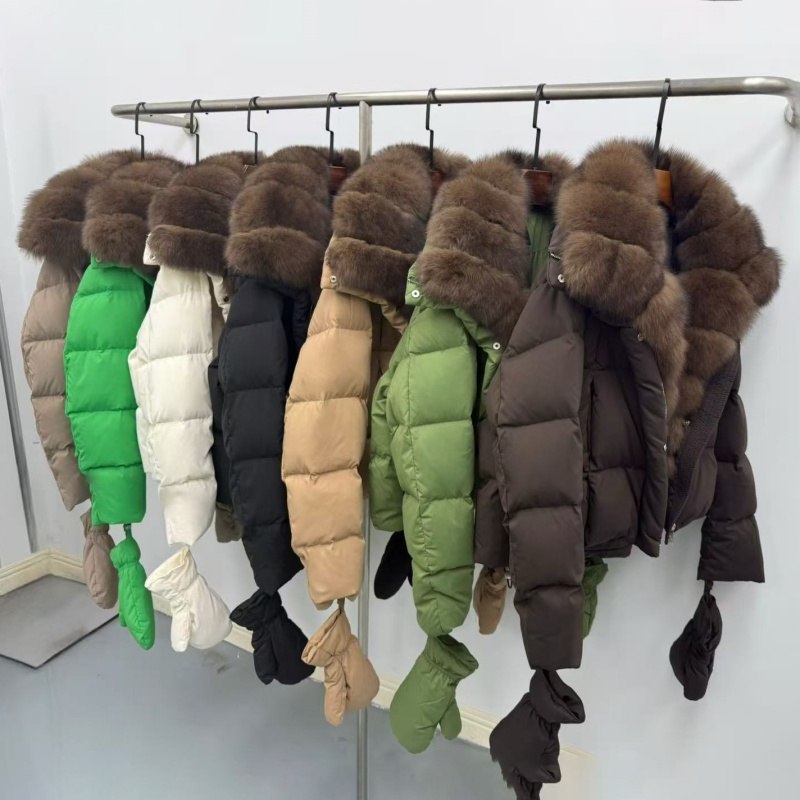 Winter 2025, hochwertige Damen-Daunenjacke mit Fuchspelzkragen und Kapuze, Y2K, modisch, lässig, dick, warm, Gänsedaunenmantel mit Handschuhen