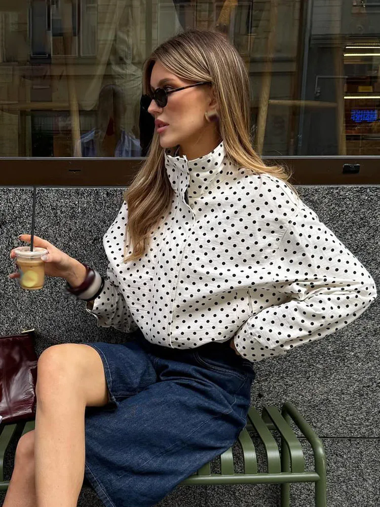 HH Mulher Outono Mangas Compridas Gola Alta Zíper Com Bolsos Cordão Casacos Casuais Mulheres Moda Polka Dot Impresso Jaqueta