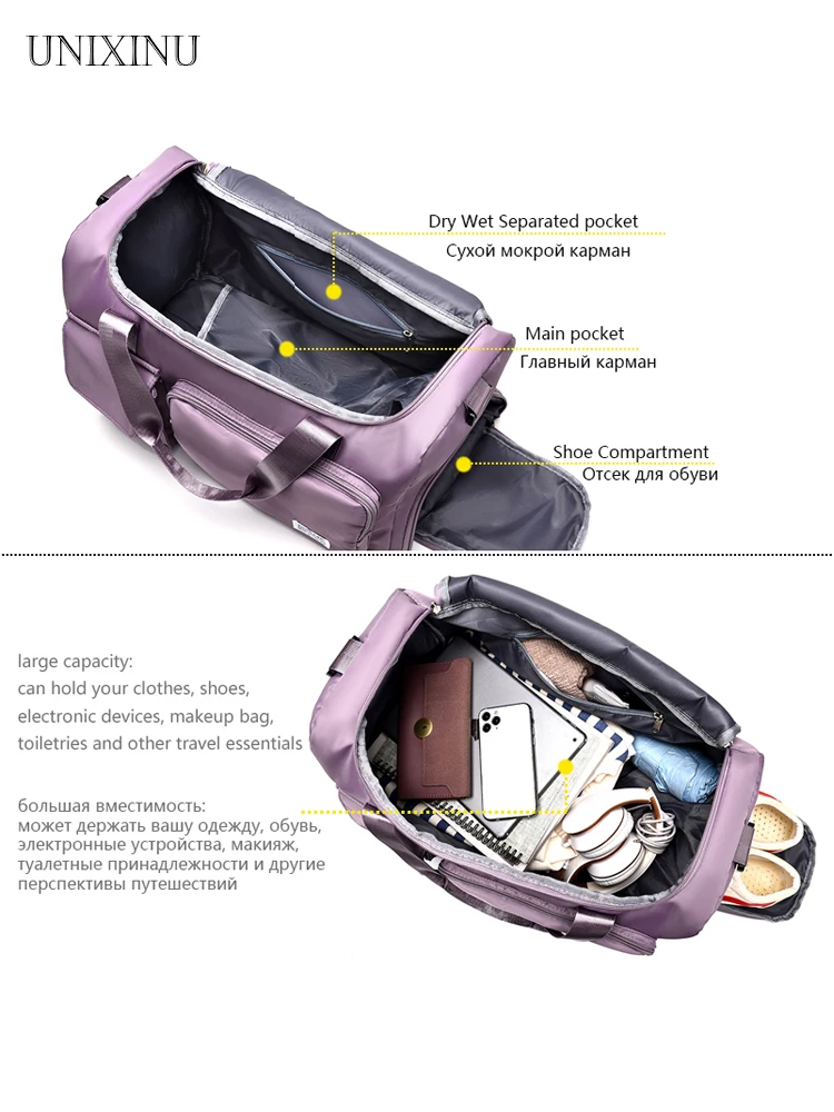 Unixinu bolsa de viagem de mão, grande capacidade, weekender, noite, duffle, com compartimento para sapatos, esportes, fitness, para mulheres