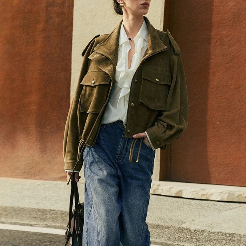 100% echtes Leder frauen Stehkragen Matt Schaffell Kurze Jacken Safari Stil Taschen Langarm Kordelzug Jacken Femme