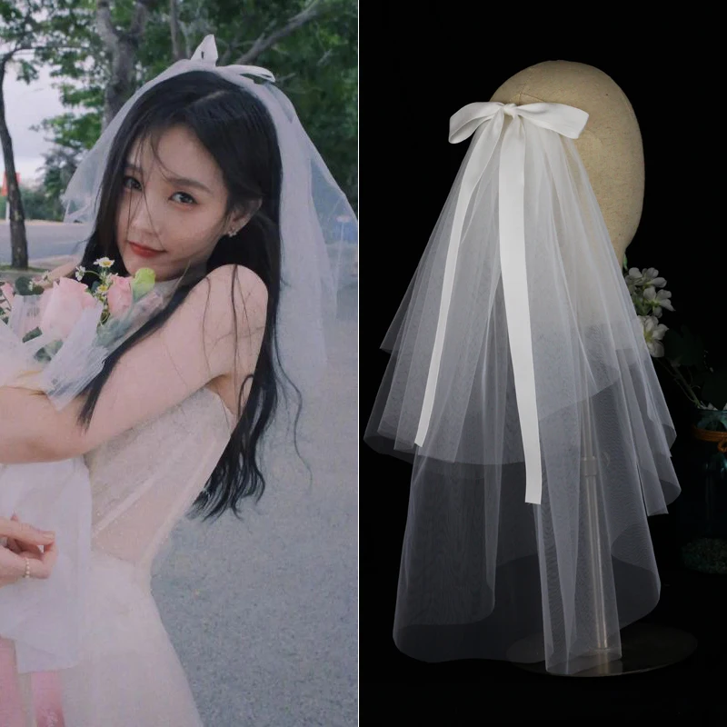LA003 velo da sposa velo da sposa corto bianco fatto a mano con fiocco in raso di Tulle a due strati per abito da sposa