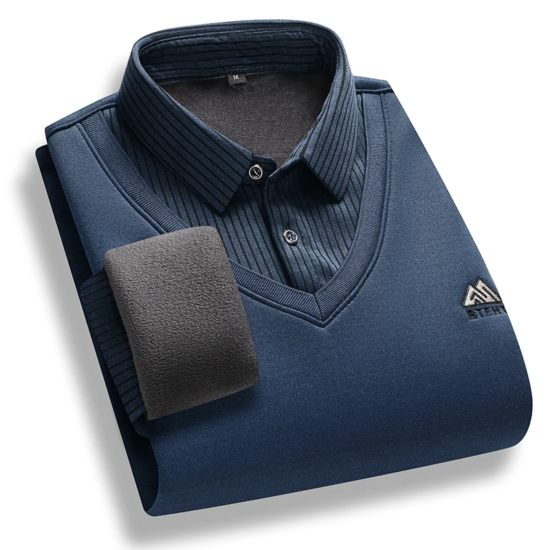 Herren-Pullover mit Fleece-Futter, Polokragen, Pullover, Oberteile, gefälschte zweiteilige Mode, Business, lässige Pullover, dicke Winterkleidung