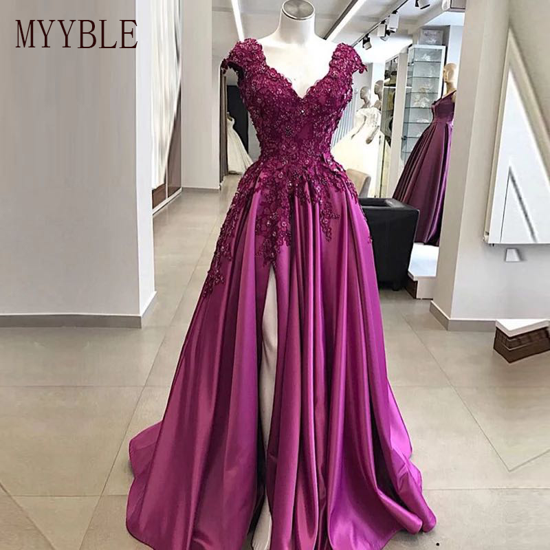 Robe de Rhlongue violette élégante personnalisée, fente haute sexy, appliques perlées, sur mesure, robe éducative de soirée, peu importe, 2025
