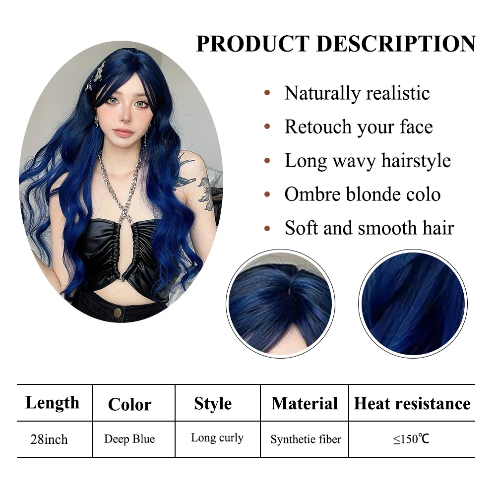 Pelucas sintéticas onduladas largas y rizadas de color azul profundo con flequillo para mujer, pelucas de Cosplay onduladas azules coloridas, pelo falso Natural resistente al calor