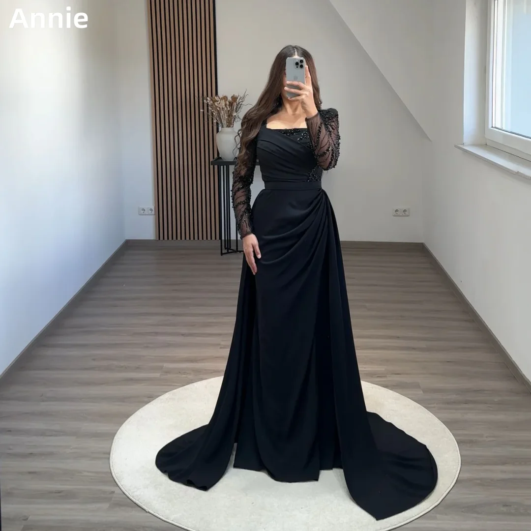 Annie vestido de casamento preto elegante senhora vestidos de baile de luxo lantejoulas bordado sereia ocasiões formais فساتmaveraPersonalizzato