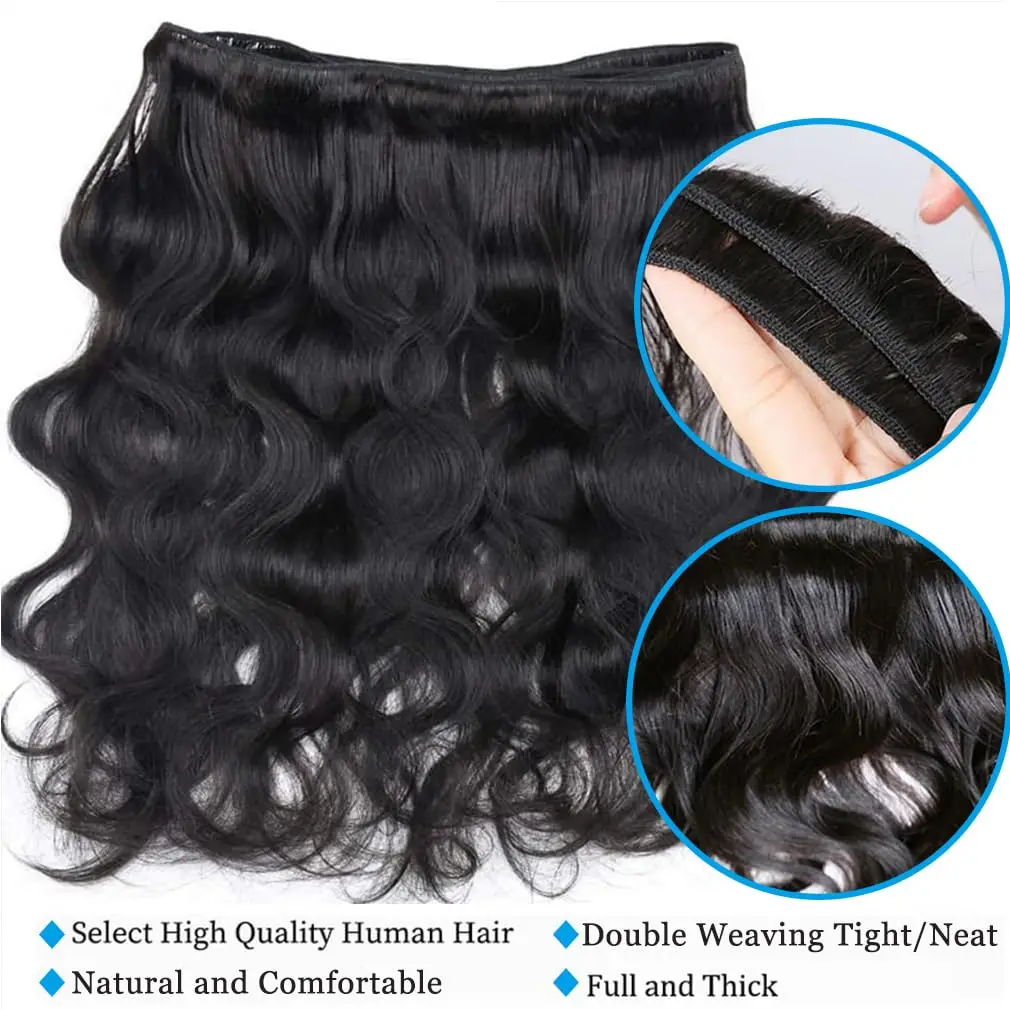 Onda do corpo brasileiro pacotes com fechamento de renda 13x4 fechamento de cabelo humano real com 3 pacotes tecer cabelo virgem cor preta natural