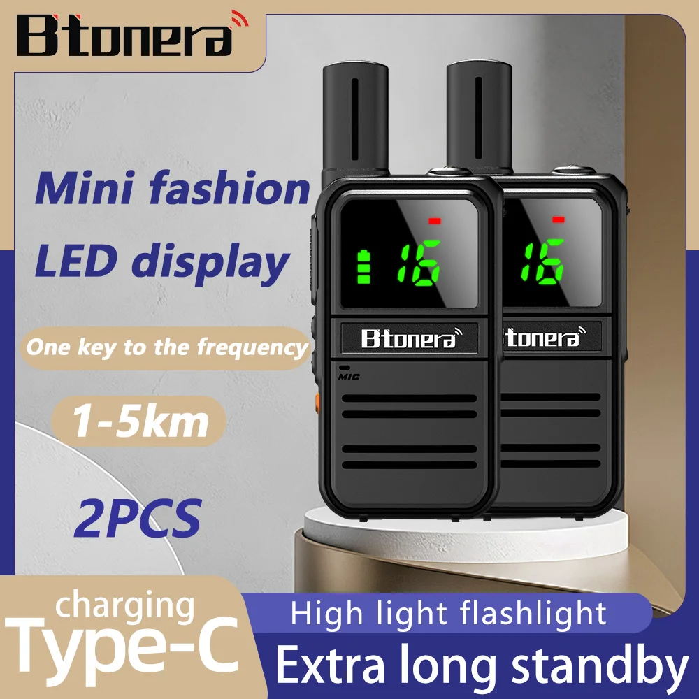 BTONERA Walkie-Talkies, 2 Stück, wiederaufladbar, Taschenlampe mit großer Reichweite, 16-Kanal-Radios, tragbares Zwei-Wege-Rad, USB, Typ C, Wandern