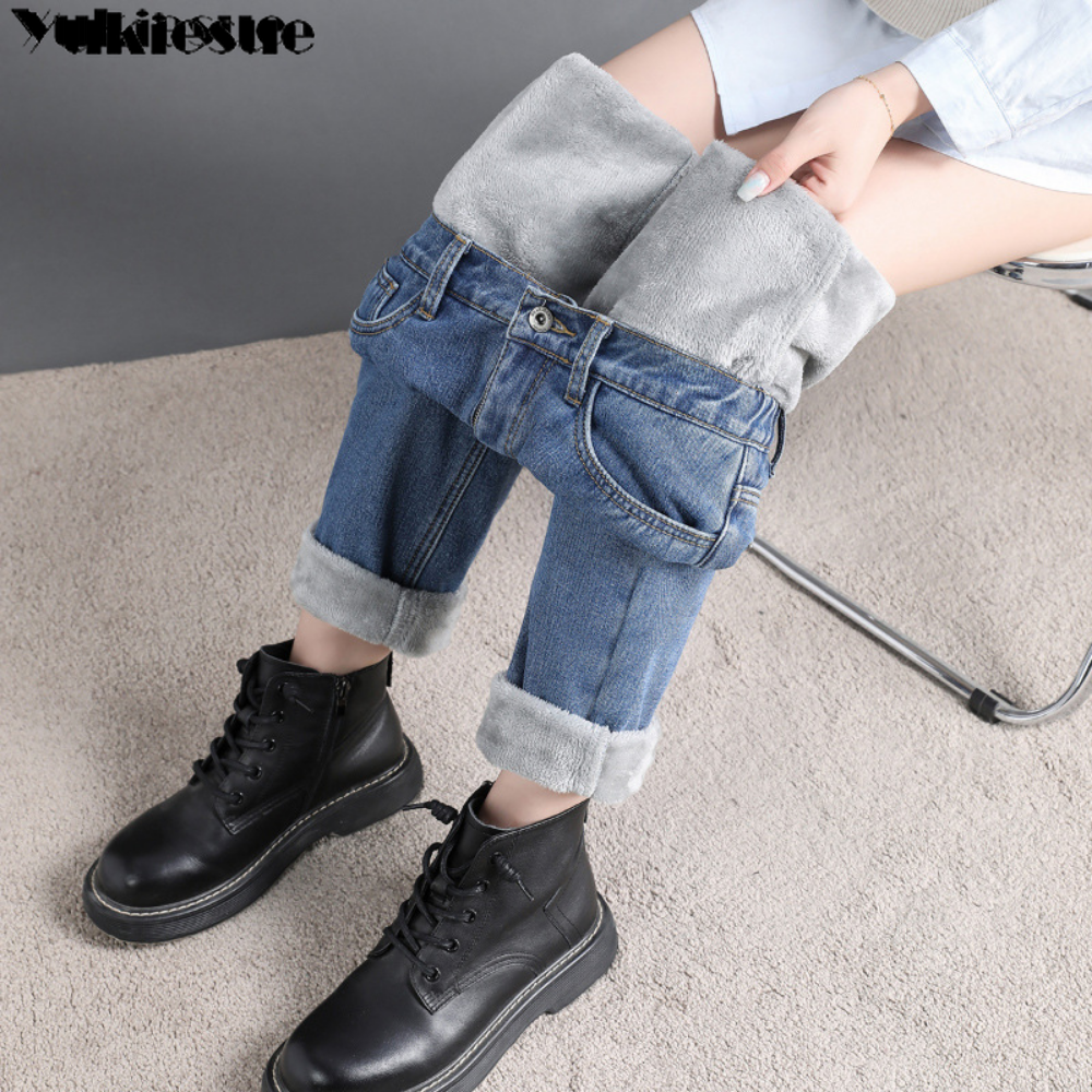 Winter Warm Schlank Stretch Damen Casual Denim Bleistift Hosen Dicke Plus Samt Frauen Jeans Hohe Taille Dünne Gerade Jeans Fleece