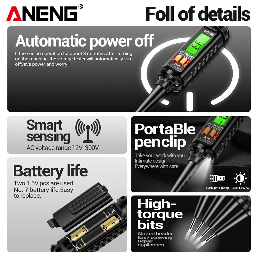 ANENG B16 Lntelligent Sensing ปากกาวัดดิจิตอลแบบไม่สัมผัส 12 V-300 V เครื่องตรวจจับแรงดันไฟฟ้า NCV แรงดันไฟฟ้า Probing เครื่องทดสอบเมตรเครื่องมือ