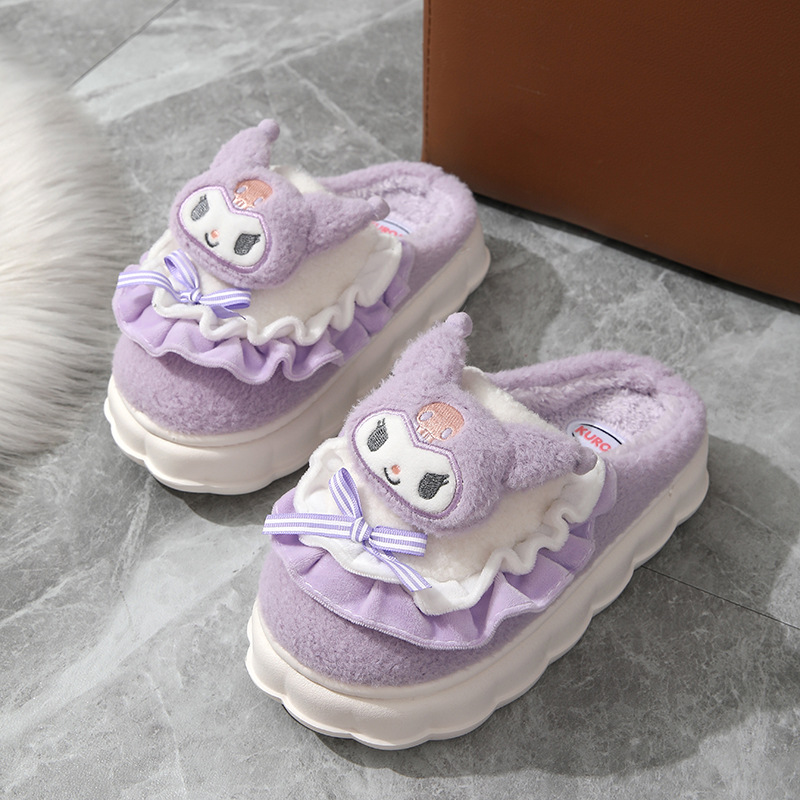 Зимние тапочки, теплые шлепанцы MINISO Kuromi Hello Kitty, противоскользящая обувь в дверь Cinnamoroll, милые, милые